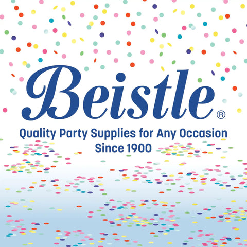 Beistle logo with colorful confetti background, text reads 'Quality Party Supplies for Any Occasion Since 1900'. Perfect for events.
