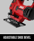 Badass Six Amp Corded Jigsaw With No Sweat Tool Swap and Four Stage Orbital Action close-up of adjustable shoe bevel.