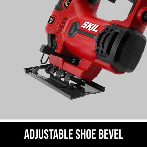 Badass Six Amp Corded Jigsaw With No Sweat Tool Swap and Four Stage Orbital Action close-up of adjustable shoe bevel.