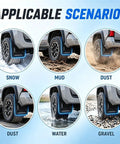 Precision Match Tesla Cybertruck Mud Flaps Splash Guards For 2024 shown in snow, mud, dust, water, and gravel conditions.