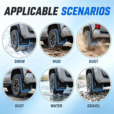 Precision Match Tesla Cybertruck Mud Flaps Splash Guards For 2024 shown in snow, mud, dust, water, and gravel conditions.