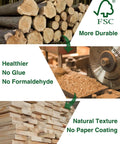 Three stages of FSC-certified wood processing: logs, cutting process, and finished natural textured planks.