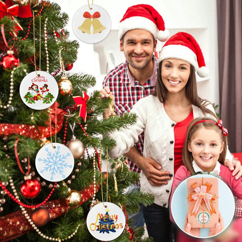 Great Value Set Of 26 Round Ceramic Sublimation Ornament Blanks 2.87 Inch With Gold String Lanyards on Christmas tree