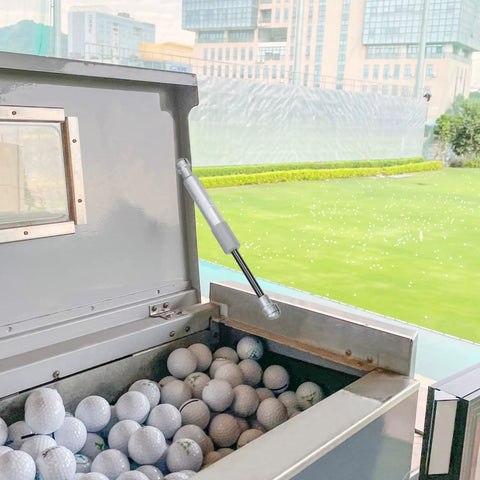 Heavy Duty Gas Struts 2 Pack 8 Inch 55 Lb Lift Supports Silver Tone Badass Grip Stay For Rv Cabinets Car Hatches Toolboxes Coolers And Wood Boxes Slick Finish, installed on a golf ball storage box.