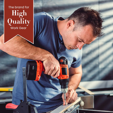 Man using power drill in workshop, wearing 3 Inch Wide Tapered Full Grain Leather Work Belt For Men, Built Tough, dark tan