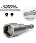 Close-up of a single, heavy-duty magnetic one quarter inch hex shank impact nut driver from the 8-piece set, showing Cr-V steel construction.