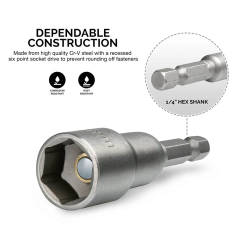Close-up of a single, heavy-duty magnetic one quarter inch hex shank impact nut driver from the 8-piece set, showing Cr-V steel construction.