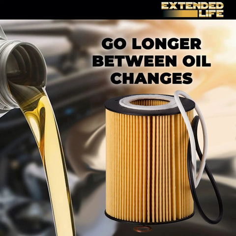Extended Life Oil Filter For Mercedes-Benz Up To 10k Miles With 25 Micron Filtration displaying oil pouring with text overlay.