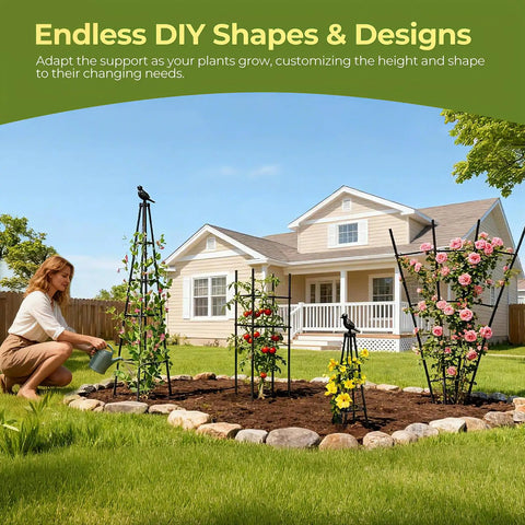 Woman watering garden with Two Pack Garden Trellis Obelisk For Climbing Plants, 65 Inch Tall, in front of house.
