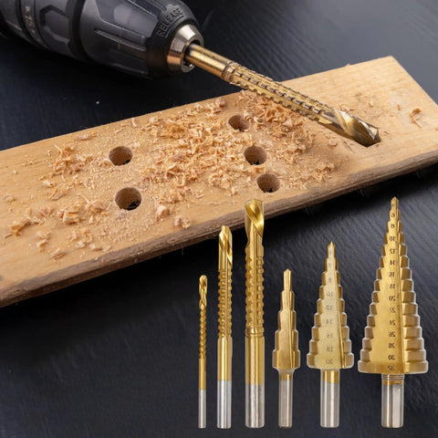 Drill with Six Piece High Speed Reaming Pagoda Sawtooth Drill Bit Set With Titanium Plating In Box For Metal And Wood