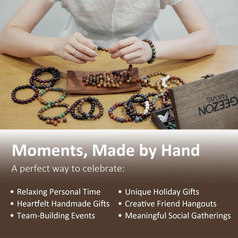 Person crafting with Bracelet Making Kit With 296 Beads, 10mm Natural Wooden Beads With Letters And Stone Beads.