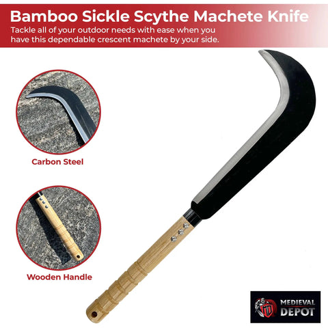 Badass Leather Wrapped Slasher Crescent Outdoor Bamboo Sickle Scythe Machete Knife with wooden handle and carbon steel blade.