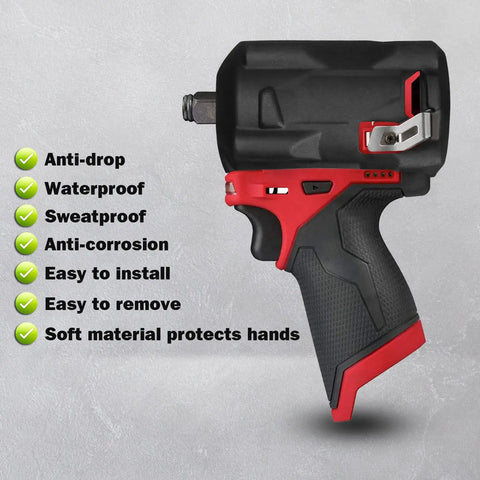 Protective Boot For M12 FUEL Stubby Impact Driver And Three Eighths Inch And One Half Inch Stubby Wrenches, black rubber cover