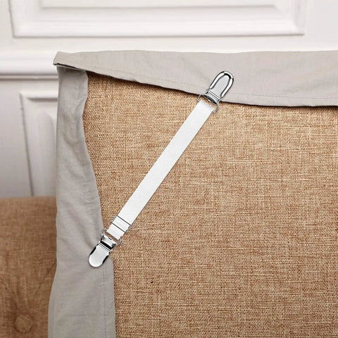 Adjustable Bed Sheet Clips And Corner Straps Kit For Home Use Elastic Mattress Grippers And Non Slip Fasteners shown on sofa