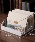 Two Pack 3 Slot Mail Organizer For Desk Space Saving With Front Accessory Tray and letters in white plastic on a wooden desk
