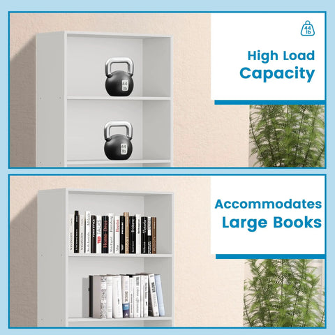 Tall 71 Inch White Bookshelf With Six Open Shelves Floor Standing Bookcase showing high load capacity with kettlebells and books