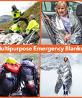 6 Pack Emergency Mylar Space Blankets Kit for Outdoor Survival with people using reflective thermal blankets in various settings.