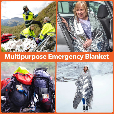 6 Pack Emergency Mylar Space Blankets Kit for Outdoor Survival with people using reflective thermal blankets in various settings.