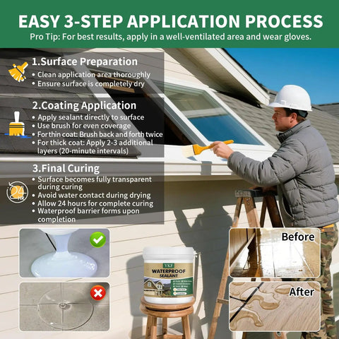 Man applying Transparent Waterproof Sealant Self Leveling Clear Coating Knock Out Roof Leaks And Gutters Water Based Brush On Membrane 68 Ounce Tub.