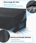 Heavy Duty Waterproof Outdoor Sofa Cover For A 3 Seater Loveseat, All Weather Protection, Snug Fit With Adjustable Strap, Black, showing air vent and reinforced stitches