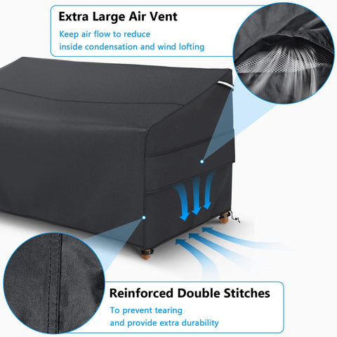 Heavy Duty Waterproof Outdoor Sofa Cover For A 3 Seater Loveseat, All Weather Protection, Snug Fit With Adjustable Strap, Black, showing air vent and reinforced stitches