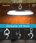 200W LED High Bay Light for Shops and Barns, 5000K Daylight, 30,000 Lumens, hanging installation options with safety rope and hook