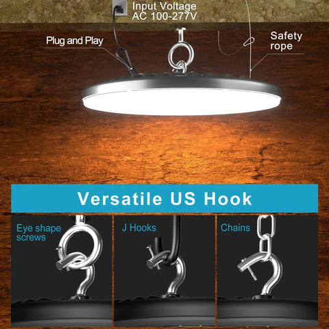 200W LED High Bay Light for Shops and Barns, 5000K Daylight, 30,000 Lumens, hanging installation options with safety rope and hook