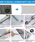 Step-by-step use of DIY Five In One Window Screen Repair Kit With Screen Roller Tool Spline Removal Hook And Clips 32 Feet Retainer Spline And Screen Cutter For Replacing And Installing Doors And Windows.