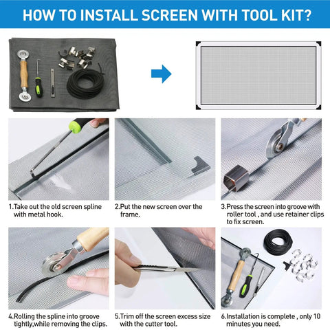 Step-by-step use of DIY Five In One Window Screen Repair Kit With Screen Roller Tool Spline Removal Hook And Clips 32 Feet Retainer Spline And Screen Cutter For Replacing And Installing Doors And Windows.