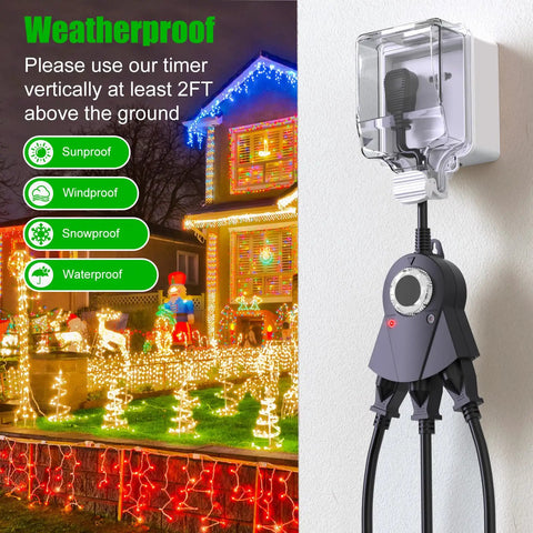 Outdoor Waterproof Plug In Light Timer With Photocell Sensor Dusk To Dawn Auto On Off 24 Hour Countdown Modes 2 4 6 Or 8 Hours No Fuss Setup Weatherproof Outdoor Outlet For Backyard Garden Patio Christmas Decorations