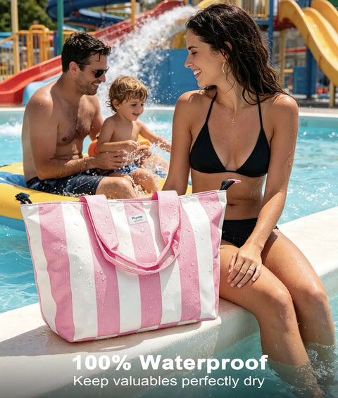 Waterproof Sandproof Beach Tote For Women With Zipper XL Large Blue Bag by pool with family, ultra lightweight, 50L capacity
