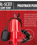 Heavy Duty Submersible Sump Pump With Automatic Tethered Float Switch, One Third HP, 3350 GPH, Cast Iron Construction