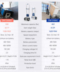 Image comparing specifications for Heavy Duty 550 Lbs Electric Stair Climbing Hand Truck Dolly W Auto Edge Brakes & Ground Support ZW7250GC.