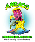 Cartoon character in hazmat suit pouring liquid on spill with AABACO Environmental Industries text.