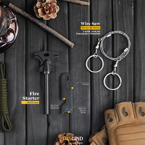 Must Have Survival Kit 14 In 1 For Camping Fishing And Hunting Adventures Compact Multi Tool Gear Set with fire starter and wire saw.