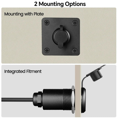 Waterproof DC Pass Through Kit For Starlink Mini showing two mounting options: mounting with plate and integrated fitment.
