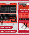 63 Piece One Half Inch Drive Impact Socket Set With SAE Three Eighths Inch To One Inch And Metric Ten To Twenty Four Millimeters Plus Extension Bars And Palm Ratchet Kit, shown in red carrying case with handle and reinforced metal latch.