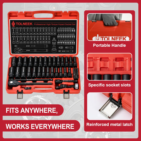 63 Piece One Half Inch Drive Impact Socket Set With SAE Three Eighths Inch To One Inch And Metric Ten To Twenty Four Millimeters Plus Extension Bars And Palm Ratchet Kit, shown in red carrying case with handle and reinforced metal latch.
