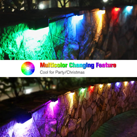 Solar Deck Lights 12 Pack Outdoor Waterproof LED Warm White and Color Changing installed on stone fence at night