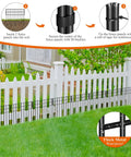 Diagram showing installation of No Dig Garden Border Fencing Kit With 6 Black Metal Panels 12 By 16 Inches in front of a white picket fence.