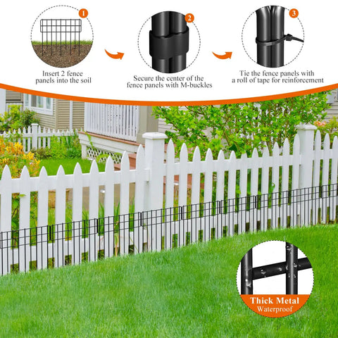 Diagram showing installation of No Dig Garden Border Fencing Kit With 6 Black Metal Panels 12 By 16 Inches in front of a white picket fence.