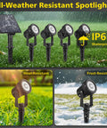 4 In 1 Solar Landscape Spot Lights Outdoor Waterproof Garden Lights With Auto On Off For Lawn Patio Yard And Pool Area White 6000K LED Pathway Lighting For All Night Brightness displayed in various weather conditions.