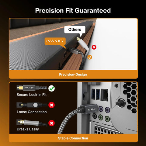 Comparison of secure connection versus loose connection for Extra Long 10 Foot Toslink Optical Audio Cable With Rock Solid SPDIF Digital Output.