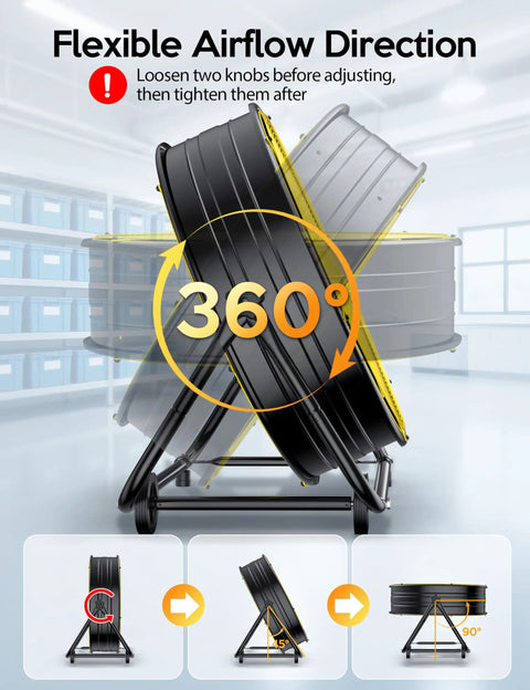 24 Inch Industrial Drum Fan With 320W Power, Heavy Duty Metal Air Circulator, 360 Degree Tilt, demonstration of adjustable angle