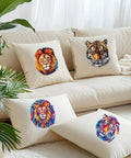 Four lion and tiger iron-on transfer stickers set for T-shirts and hoodies, shown on pillows, depicting colorful lion and tiger designs.