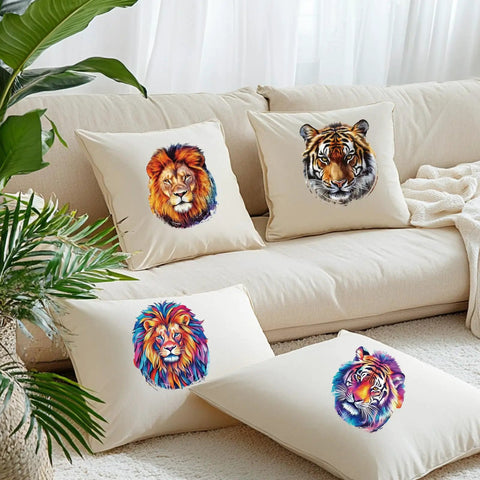 Four lion and tiger iron-on transfer stickers set for T-shirts and hoodies, shown on pillows, depicting colorful lion and tiger designs.