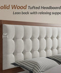 Top Shelf King Bed Frame Crafted From Solid Hardwood With A Fifty Inch Tall Tufted Linen Headboard And Rich Walnut Finish showing tufted headboard detail.