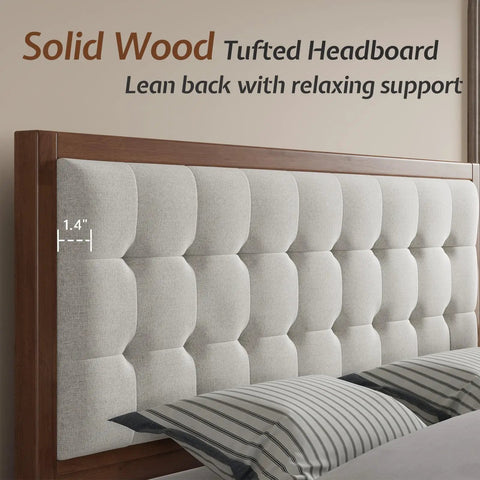 Top Shelf King Bed Frame Crafted From Solid Hardwood With A Fifty Inch Tall Tufted Linen Headboard And Rich Walnut Finish showing tufted headboard detail.