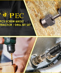 No Sweat 29 Piece Bolt Extractor Kit With Left Hand Drill Bits And Nut Removers shown in use on wood and metal surfaces