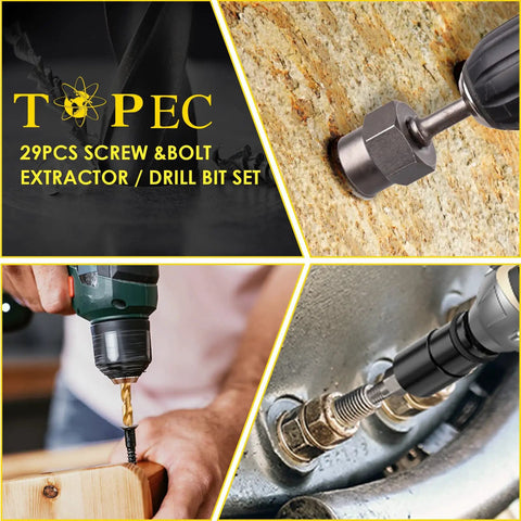 No Sweat 29 Piece Bolt Extractor Kit With Left Hand Drill Bits And Nut Removers shown in use on wood and metal surfaces